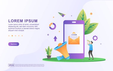 Akıllı telefon ve megafon simgeleriyle e-posta pazarlama ve çevrimiçi reklam