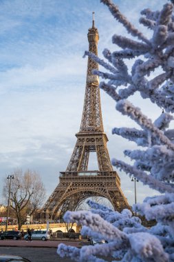 Paris, Fransa - 15 Aralık 2019: Paris caddesi bulutlu bir günde Paris Eyfel Kulesi manzaralı.