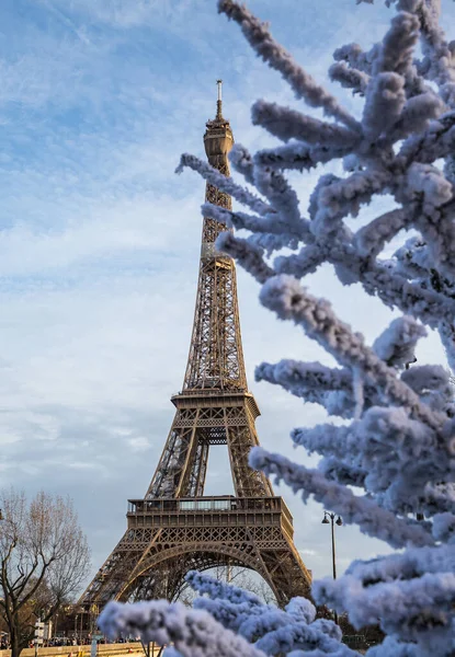 在阴天的巴黎大街上 可以看到著名的巴黎艾菲尔铁塔 — 图库照片