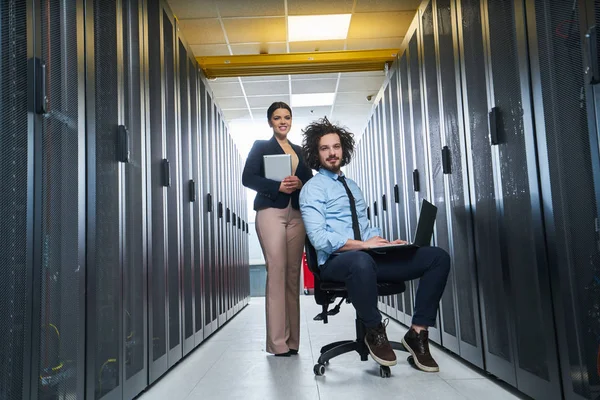 Two Young Technicians Working Data Center Server Maintenance — Stock Photo, Image