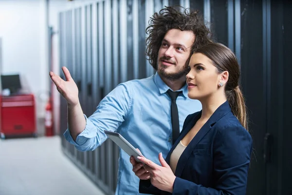 Two Young Technicians Working Data Center Server Maintenance — Stock Photo, Image