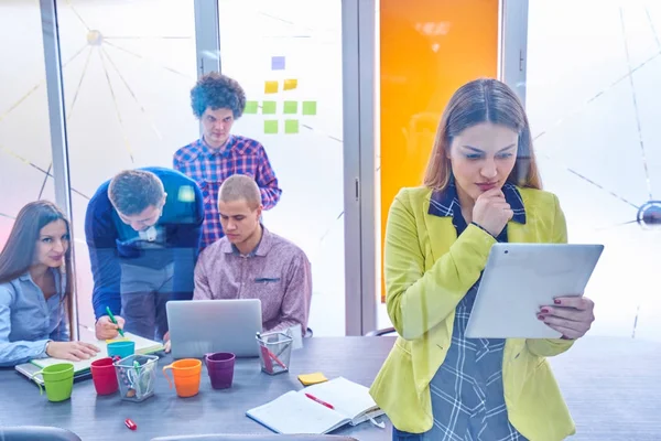 Portrait Startup Group Creative People Having Meeting Laptop Modern Office — Stock Photo, Image