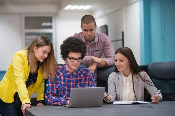 Portrait Startup Group Creative People Having Meeting Laptop Modern Office — Stock Photo, Image