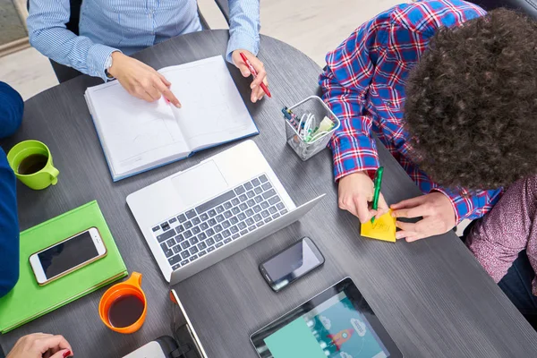 Portrait Startup Group Creative People Having Meeting Laptop Modern Office — Stock Photo, Image