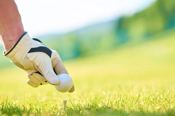 Hand putting golf ball on tee in golf course