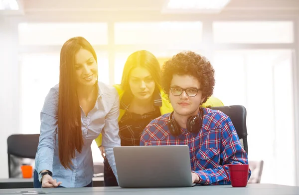 Portrait Startup Group Creative People Having Meeting Laptop Modern Office — Stock Photo, Image