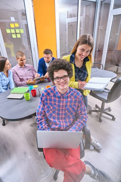 Portrait Startup Group Creative People Having Meeting Laptop Modern Office — Stock Photo, Image