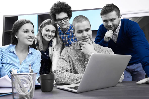 Portrait Startup Group Creative People Having Meeting Laptop Modern Office — Stock Photo, Image