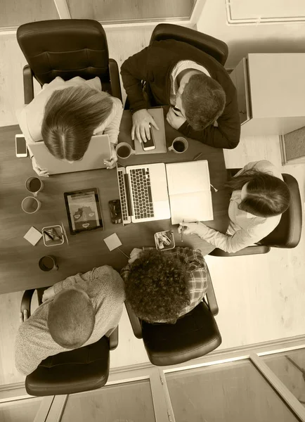 Portrait Startup Group Creative People Having Meeting Laptop Modern Office — Stock Photo, Image