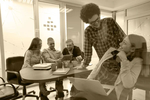 Group Creative People Having Meeting Laptop Modern Office — Stock Photo, Image