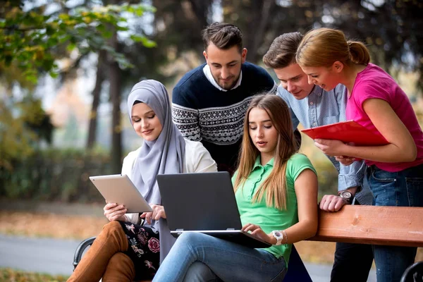 Group Young People Using Laptop Tablet Park Bench Having Fun — Stock Photo, Image