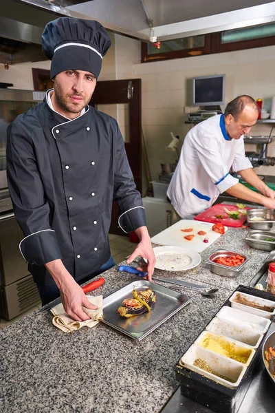 Chef Restaurant Garnishing Vegetable Dish Crop Hands Filtered Image — Stock Photo, Image