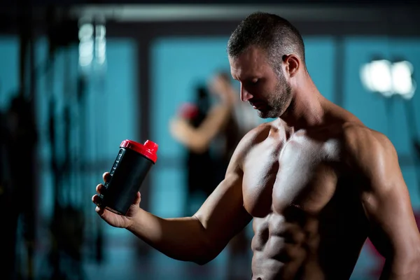Handsome Young Muscular Man Drinks Protein Gym — Stock Photo, Image