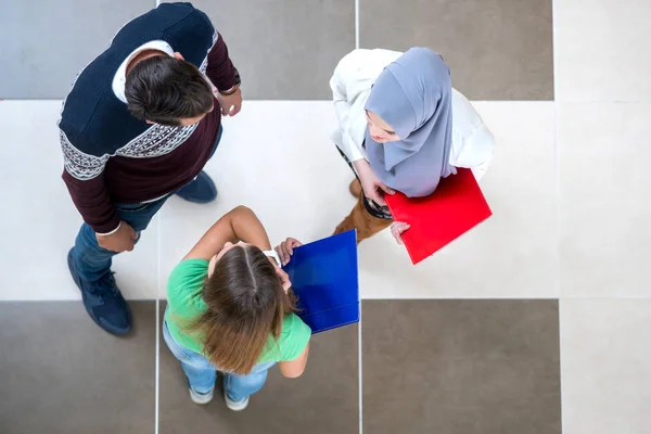 Diverse Group Students Standing Discussing School Projects Teamwork Concept — Stock Photo, Image