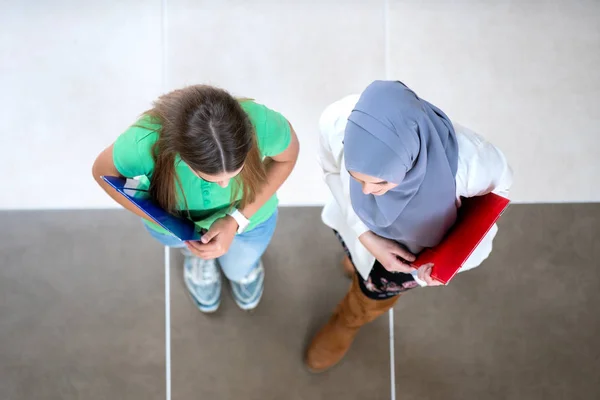 Diverse Group Students Standing Discussing School Projects Teamwork Concept — Stock Photo, Image