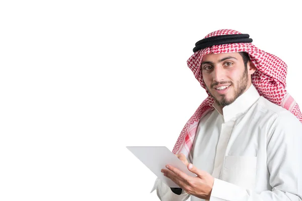 Arabský Mladík Drží Vidět Koryta Tabletu Konceptuální — Stock fotografie