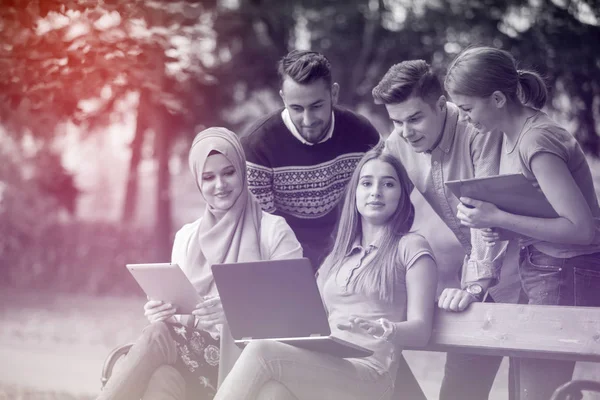 Gruppe Junger Leute Mit Laptop Und Tablet Auf Einer Parkbank — Stockfoto
