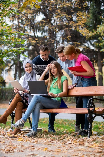 Group of young people using laptop and tablet on a park bench, having fun, talking, hanging out