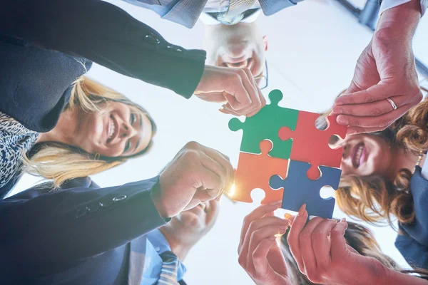 Group Business People Assembling Jigsaw Puzzle Represent Team Support Help — Stock Photo, Image