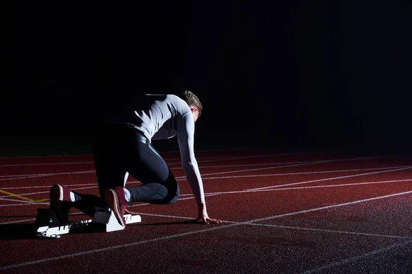 Sport Így Indítása Blocks Futópályán Sprinter — Stock Fotó