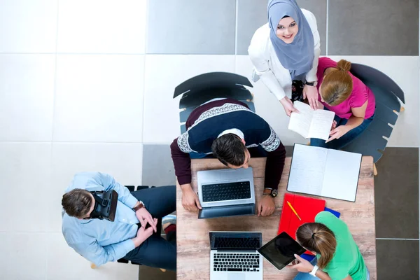 Young Modern Guy Girls Sitting School Table Working Together View — Stock Photo, Image