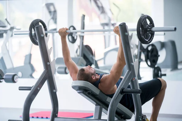 Sport Bodybuilding Lifestyle People Concept Young Man Barbell Flexing Muscles — Stock Photo, Image