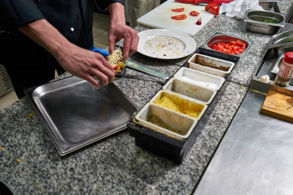 Chef Restaurant Garnishing Vegetable Dish Crop Hands Filtered Image — Stock Photo, Image