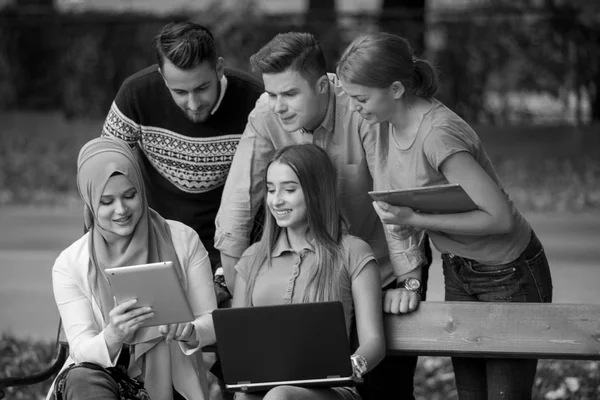 Group of young people using laptop and tablet on a park bench, having fun, talking, hanging out