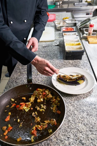 Chef Rociando Especias Plato Cocina Comercial — Foto de Stock