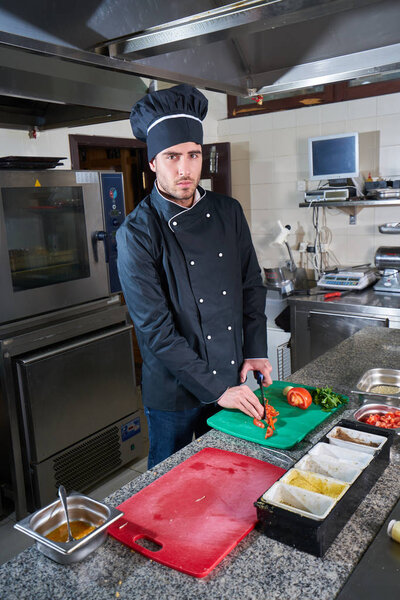 Chef sprinkling spices on dish in commercial kitchen