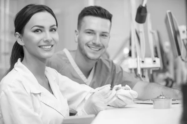 Dentures Oral Hygiene Prosthetics Hands While Working Denture False Teeth — Stock Photo, Image