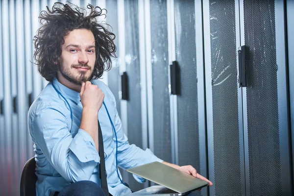 Young Technician Working Server Room — Stock Photo, Image