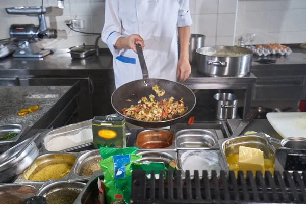 Chef Sprinkling Spices Dish Commercial Kitchen — Stock Photo, Image