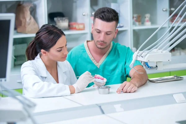 Dentures Oral Hygiene Prosthetics Hands While Working Denture False Teeth — Stock Photo, Image