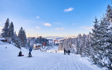 güneşli bir dağ kayak pisti. Kış dağ manzarası