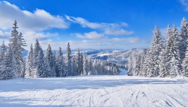 güneşli bir dağ kayak pisti. Kış dağ manzarası