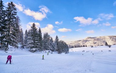 güneşli bir dağ kayak pisti. Kış dağ manzarası