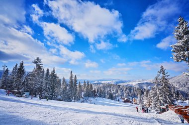 güneşli bir dağ kayak pisti. Kış dağ manzarası