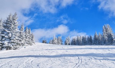 güneşli bir dağ kayak pisti. Kış dağ manzarası