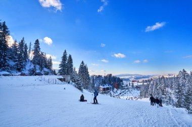güneşli bir dağ kayak pisti. Kış dağ manzarası