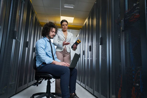 Two Young Technicians Working Data Center Server Maintenance — Stock Photo, Image