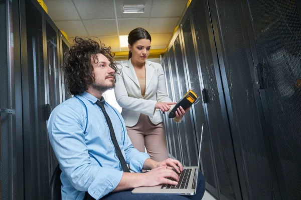 Two Young Technicians Working Data Center Server Maintenance — Stock Photo, Image