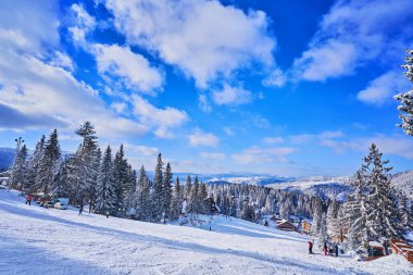 güneşli bir dağ kayak pisti. Kış dağ manzarası