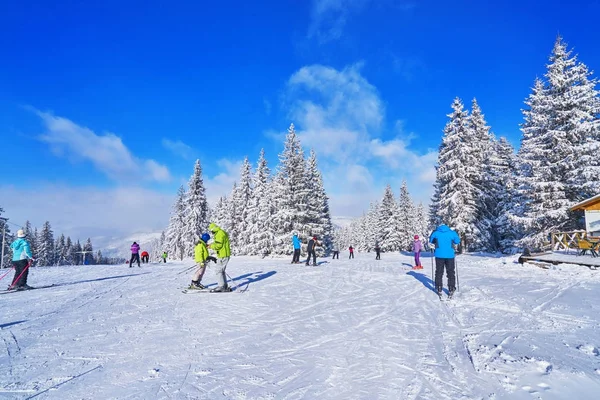 Σκι Στο Βουνό Μια Ηλιόλουστη Ημέρα Χειμωνιάτικο Τοπίο Στο Βουνό — Φωτογραφία Αρχείου