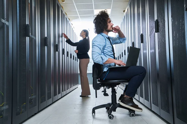 Two Young Technicians Working Data Center Server Maintenance — Stock Photo, Image