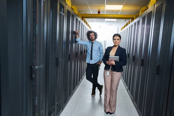 Two Young Technicians Working Data Center Server Maintenance — Stock Photo, Image