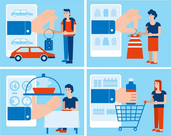 Una serie di illustrazioni sull'uso dei servizi di smartphone nella vita moderna. Ordinazione di prodotti alimentari online . — Vettoriale Stock