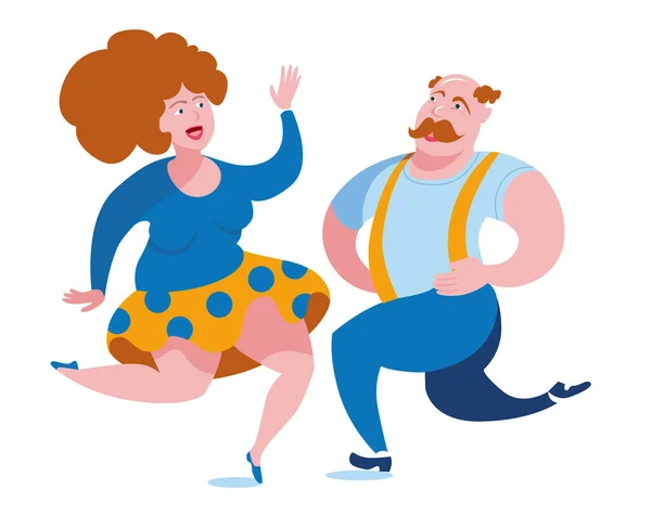 Roliga feta människor har roligt dansar polka dans. Vektor illustration på temat bodypositive. — Stock vektor