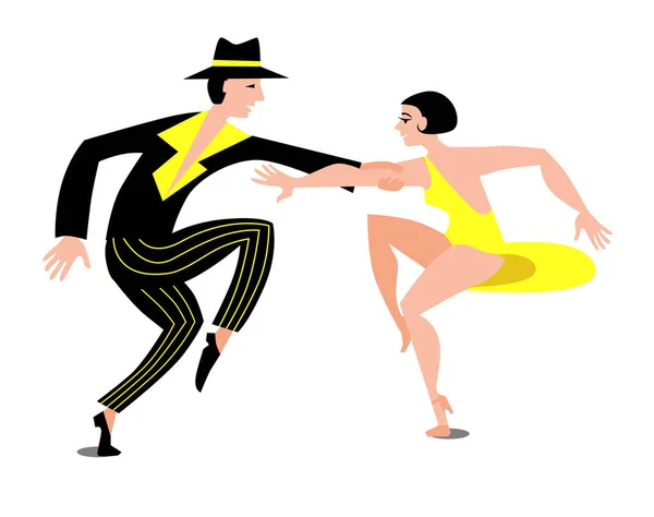 Slender couple dancing Latin swing dance. The girl in the yellow short dress. A man in black striped pants and a shirt. — Stock Vector