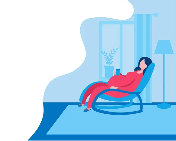 Una mujer embarazada está descansando en casa en una silla, bebiendo té y mirando por la ventana . — Archivo Imágenes Vectoriales